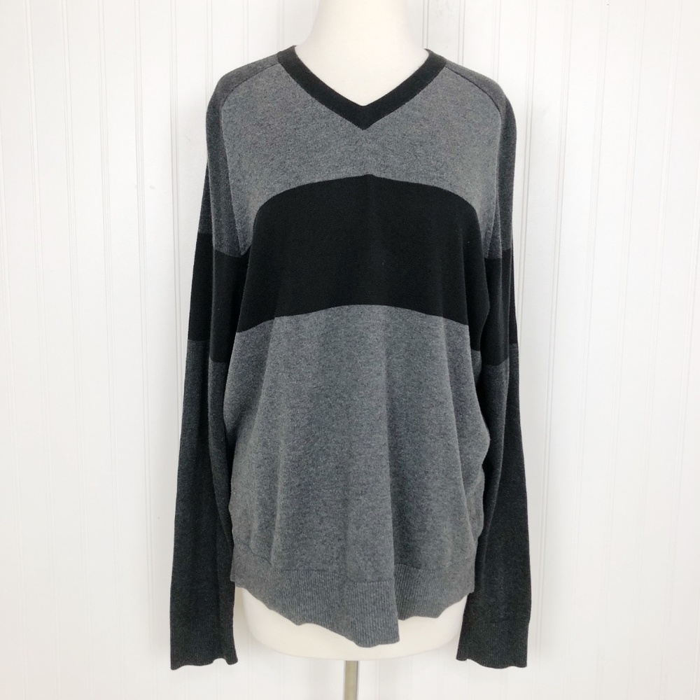 Vince Pullover Sweater Knit Gray Black V Neck L
